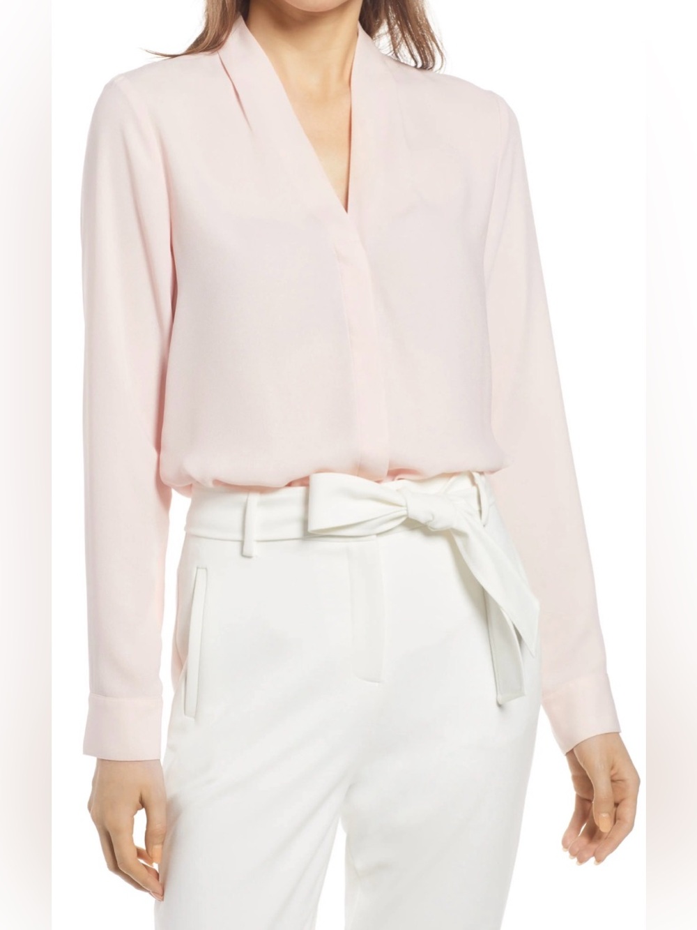 NWOT L Halogen Pale Pink V-Neck Long Sleeve Blouse Top